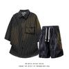 Mens 2 Piece Outfits Striped Short Sleeves Button Down Collared Shirt Matching Shorts Sets