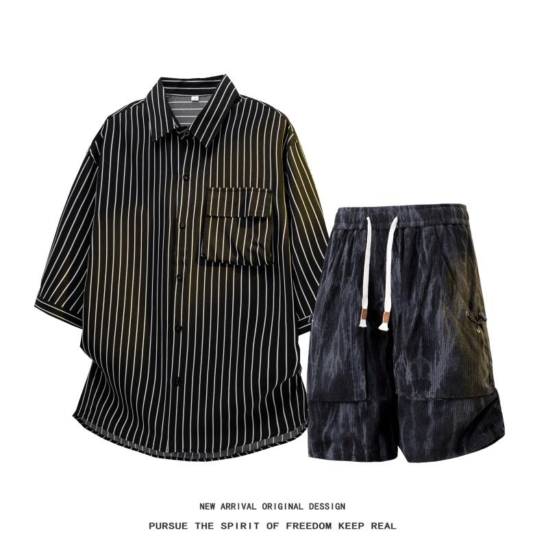 Mens 2 Piece Outfits Striped Short Sleeves Button Down Collared Shirt Matching Shorts Sets