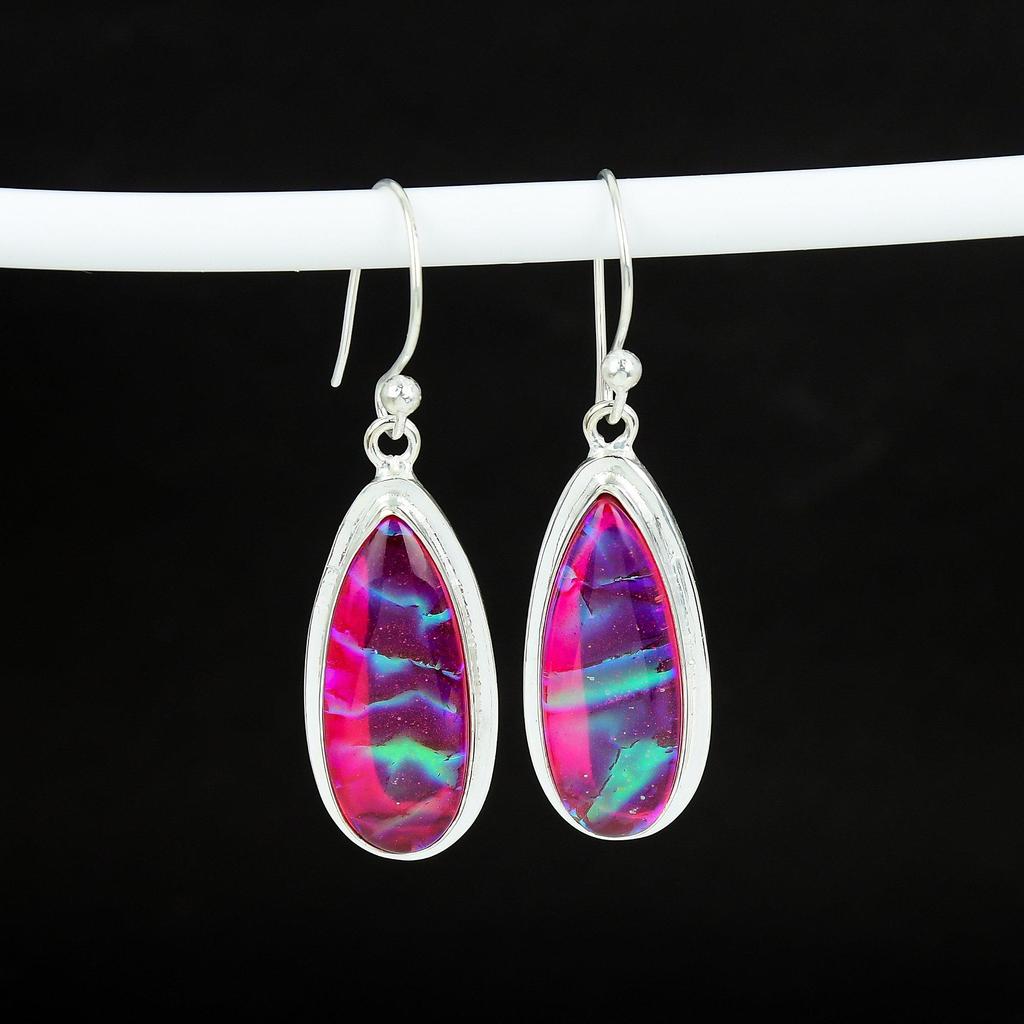 Dainty Pink Triplet Fire Opal Gemstone Earrings, 925 Sterling Silver Earring, Handmade Boho Silver Jewelry Dangle Earrings, Birthday Gift