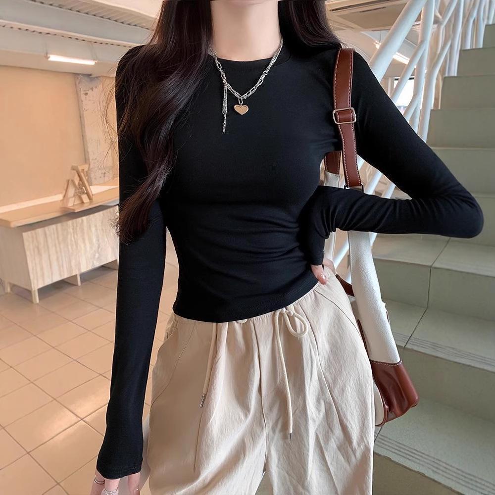 Women's Slim Fit Long Sleeve T-Shirt - Spring/Autumn 2026, White Base Layer, Trendy Versatile Style