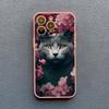 Art Painting Rose Cat Phone Case For iphone 15 14 Plus Pro Max 13 12 Mini 11 Pro MAX XS X XR 8 7 SE 2020 Shockproof Shell Cover