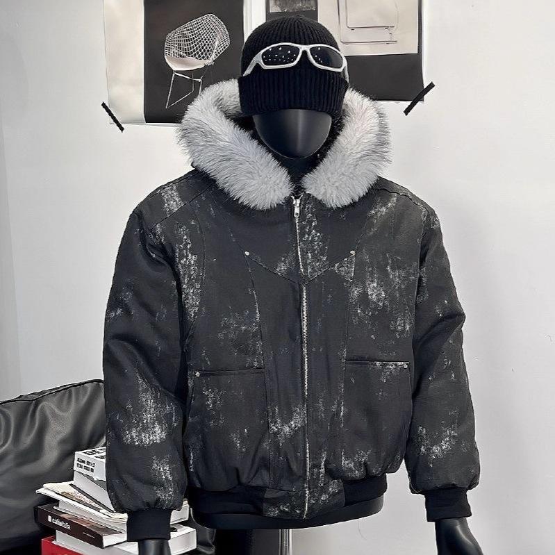 Herren Kapuzenjacke 2025 Tie-Dye mit Pelzkragen - Trendy, Dick und Warm Baumwoll-Oberbekleidung