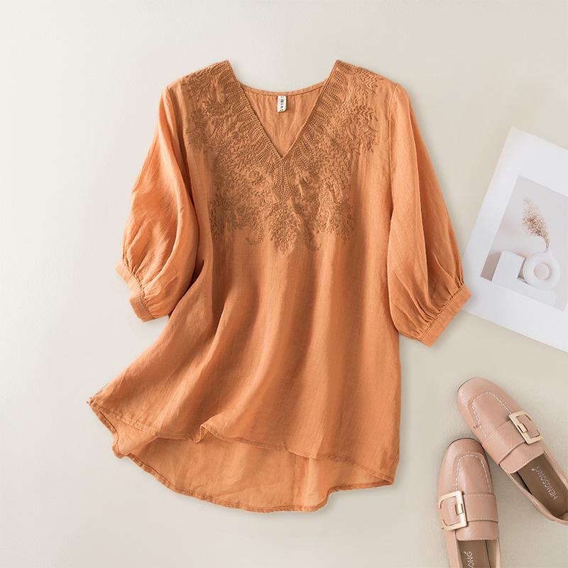 Women s Summer Ramie V-neck Embroidered Top - Loose Fit, Solid Color XL (62.5-70 kg)
