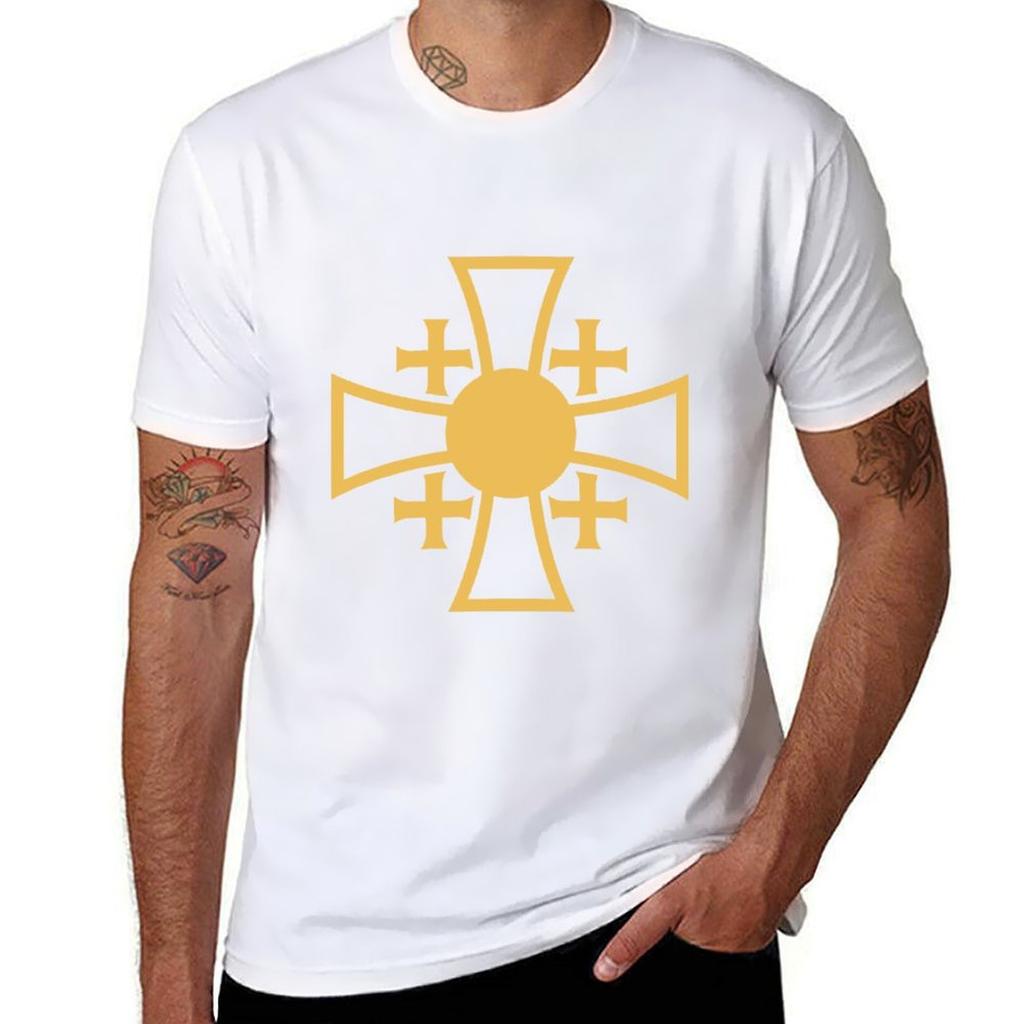 Croce di Gerusalemme Croce Cristiana Icona Dorata Maglietta Crociato Morbida Cotone Antirestringimento