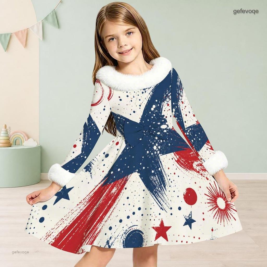 Girls Furry High Neck Long Sleeve Bow Waist Printed Red Blue White Star A Line Flared Dress
