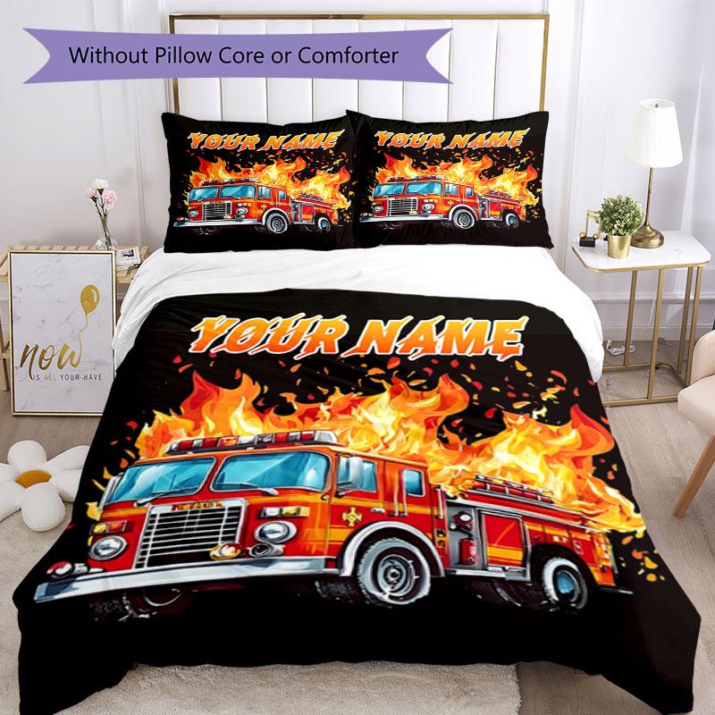 3PC Custom Name Fire Truck Flames Bedding Set Duvet Cover Closure Includes 1 Duvet Cover & 2 Pillowcases for Bedroom