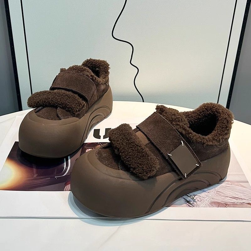 Thick-soled Velcro velvet bread shoes women's fluffy shoes winter new casual heightening board shoes warm cotton shoes