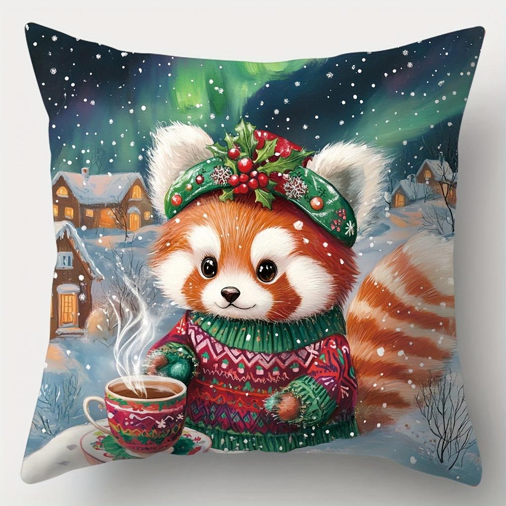 Home Decor Christmas Animals With Cup Of Coffee Pillow Covers Pattern Cushion Cover Suitable For Sofa Bedroom Car Pillow Cover