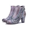 Women's High Heel Boots Handmade Genuine Leather Splicing Printed Thick Heel Short Boots