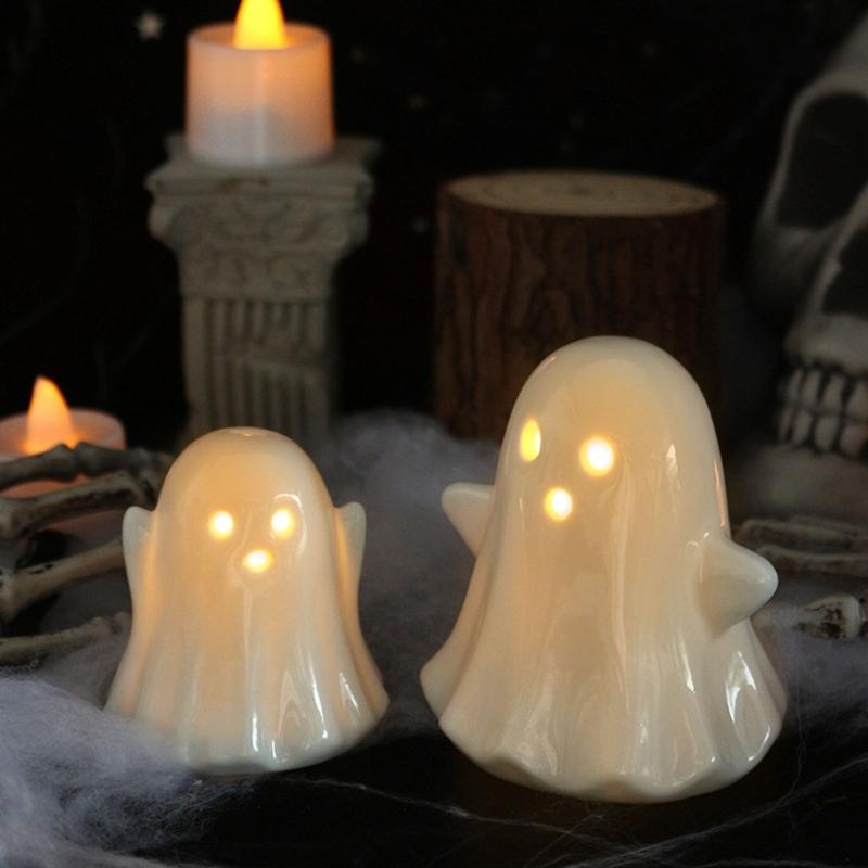 2Pcs Halloween Ceramic Ghostly Figurines With Soft Glows Night Light Handcrafted Holiday Decoration for Bedroom Party Decoration Collectibles