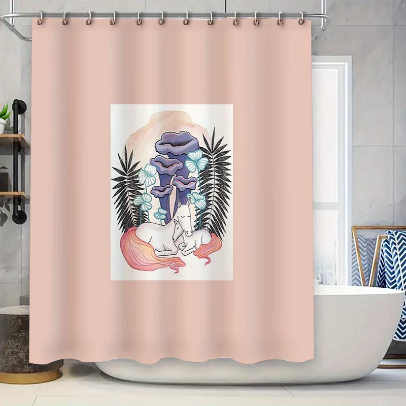 

Fantasy Mushroom Forest Unicorn Shower Curtain Woodland Mythical Creature Backdrop Nature Decor Bathroom Set W60H190(CM)-1 Pcs