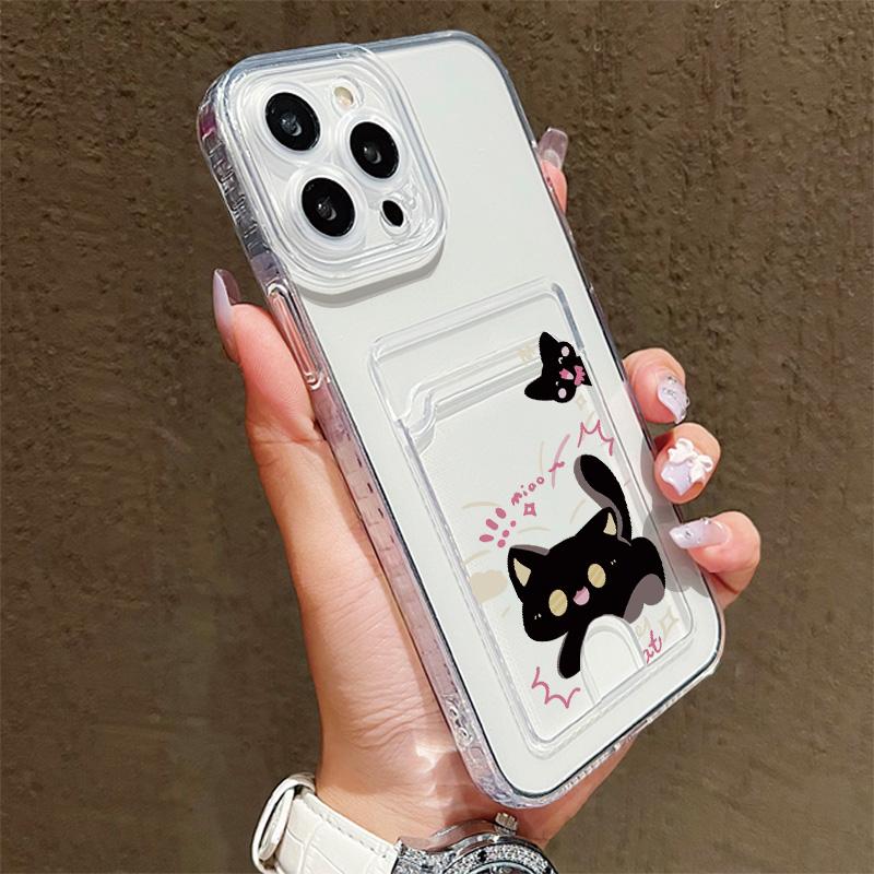 Cartoon Black Cat Printed Soft TPU Clear Shockproof Casing Protective Cover Transparent Full Back Case with 1 Card Slot Holder