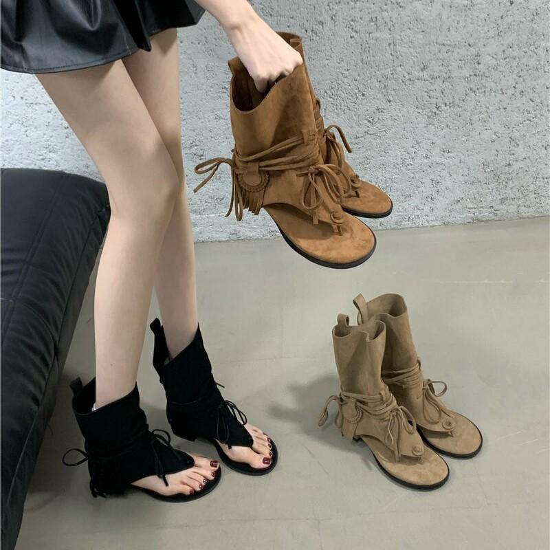 Erste Begegnung mit Jimelad Wind Dicke Ferse Fransen Zehen Coole Stiefel Damen Sommerurlaub Wind Kurze Stiefel Hohl Clip