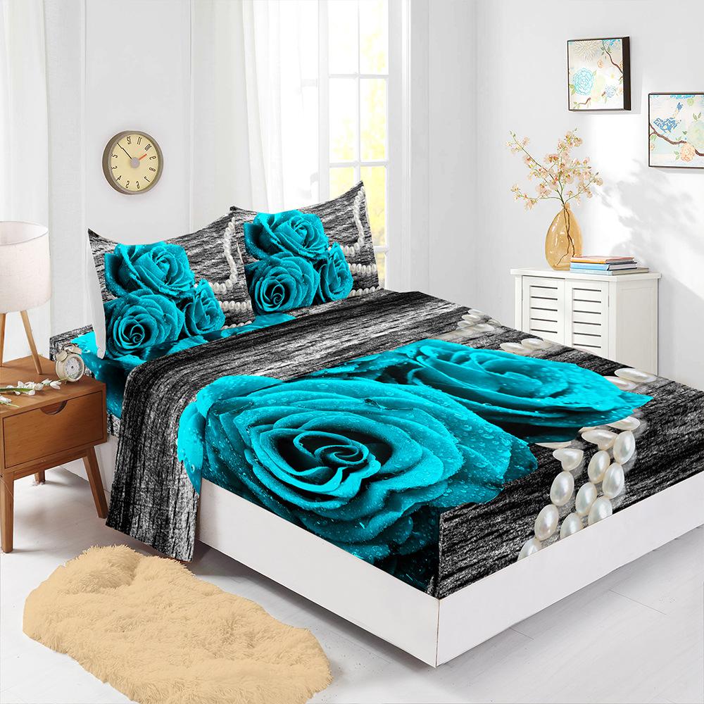Four-Piece Mattress Sheet Digital Printing Rose Mattress Protective Cover Bedding