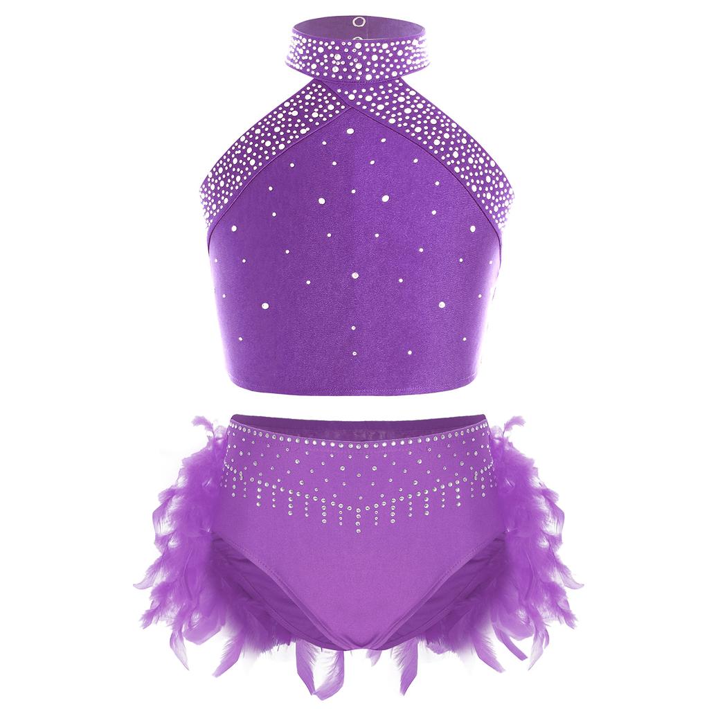 Girls Dance Performance Outfit Halter Neck Sleeveless Backless Vest with Sparkly Rhinestones Feather Briefs