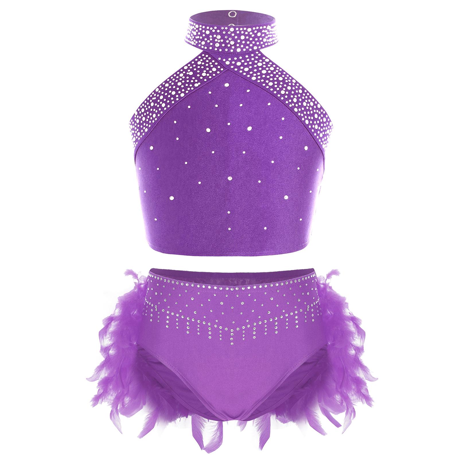 

Girls Dance Performance Outfit Halter Neck Sleeveless Backless Vest with Sparkly Rhinestones Feather Briefs 5-6 Years