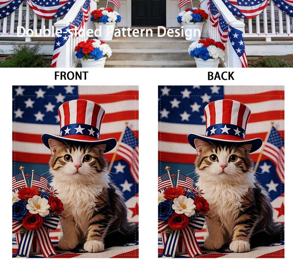 Patriotic 4th of July Cat Garden Flag 12.5x18 Inch Double Sided Outside, Memorial Day Floral Yard Outdoor Flag