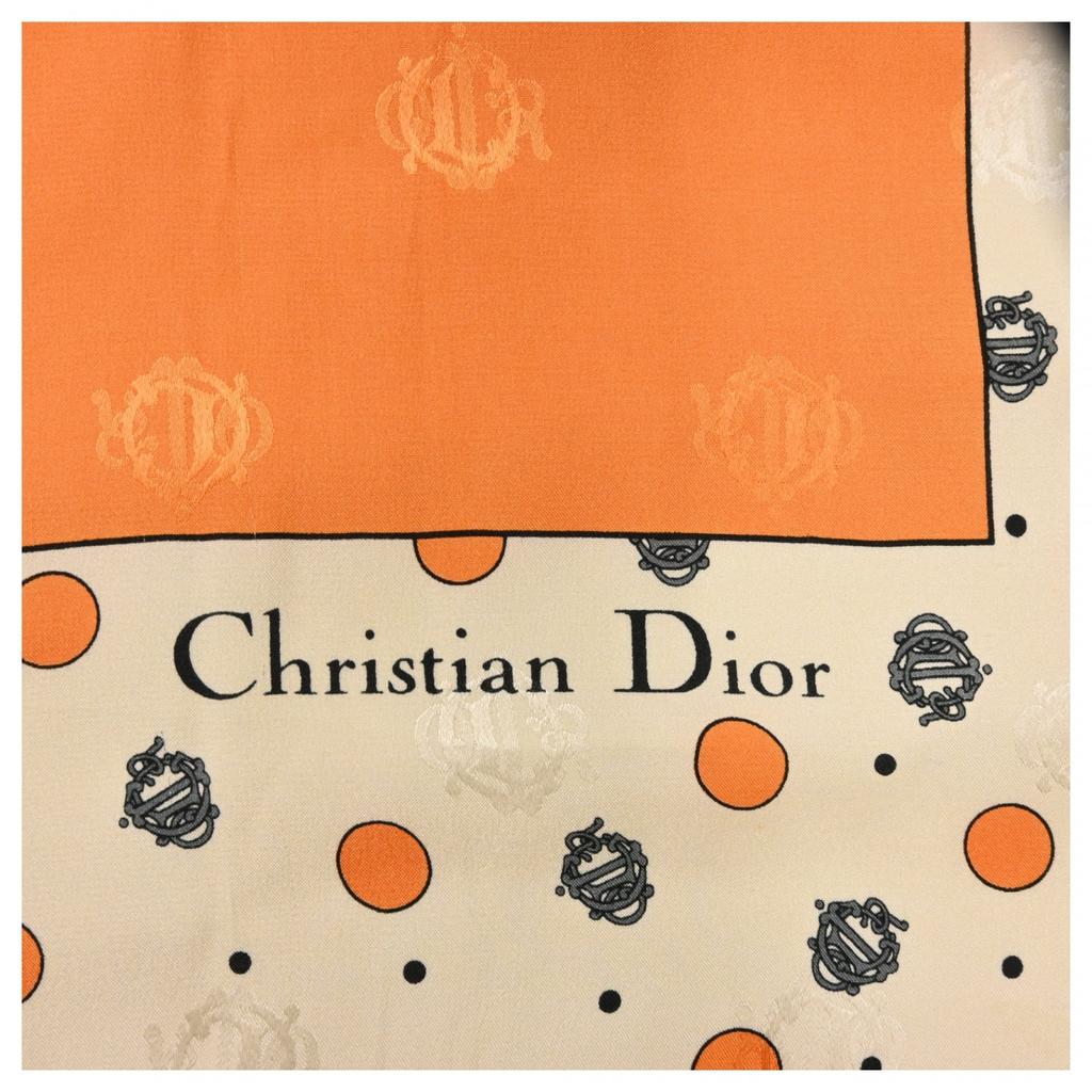 Auth DIOR Emblem Logo Scarf Large Dot Orange Di1512cc Used