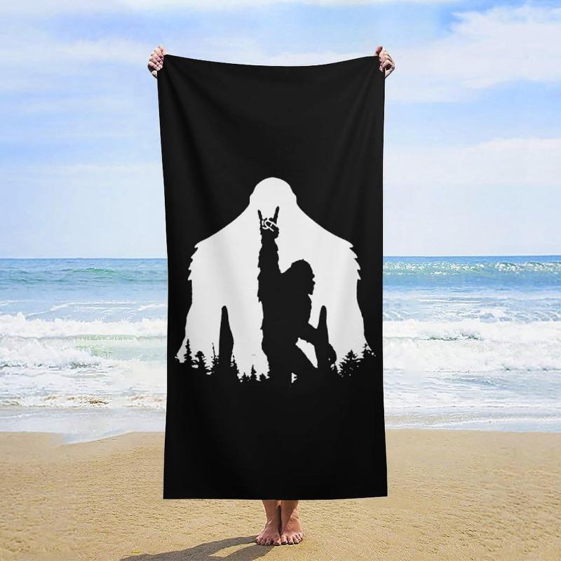 

Funny Bigfoot Rock Hand Beach Towel Flat Print Sasquatch Forest Silhouette Bath Towel for Men Travel Pool Outdoor Sand Free W40*H60(CM)