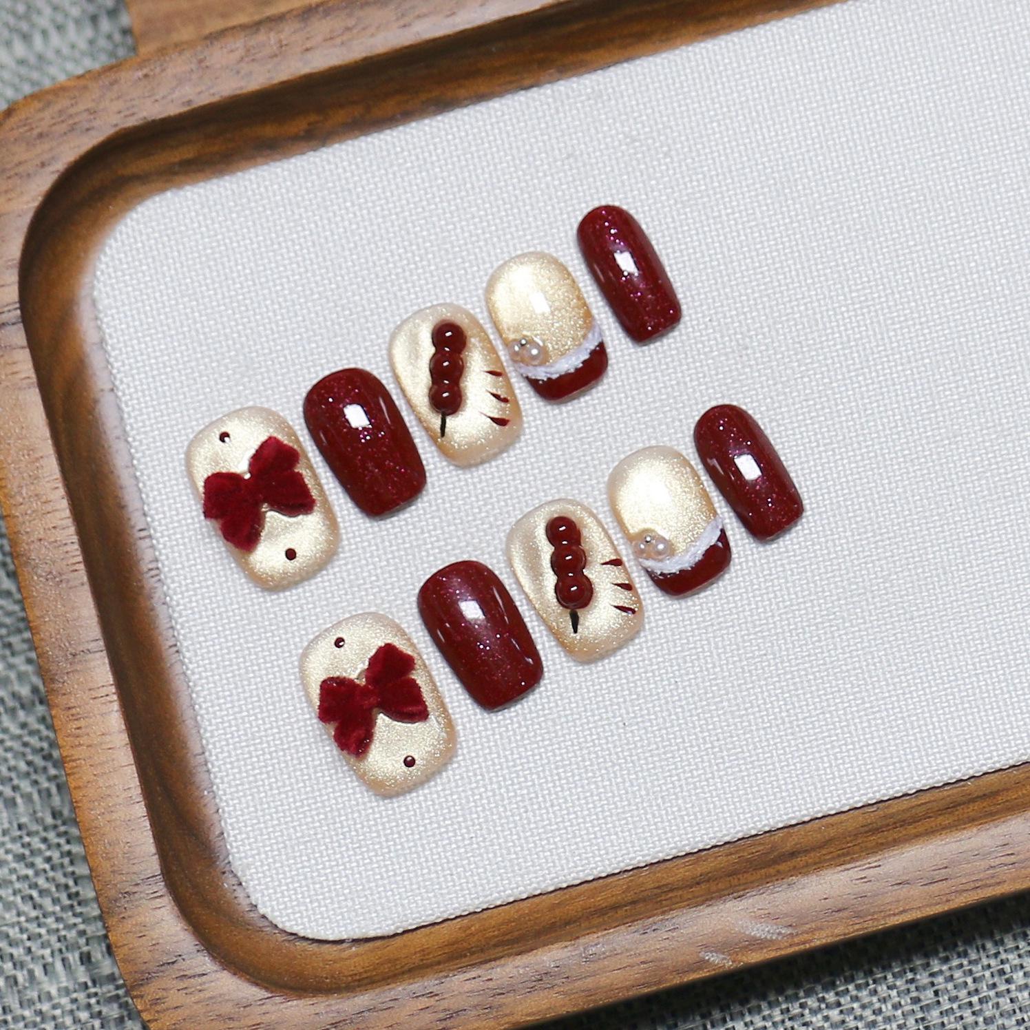 Tanghulu Handmade 3D Cat Eye Red Bow Nails Small