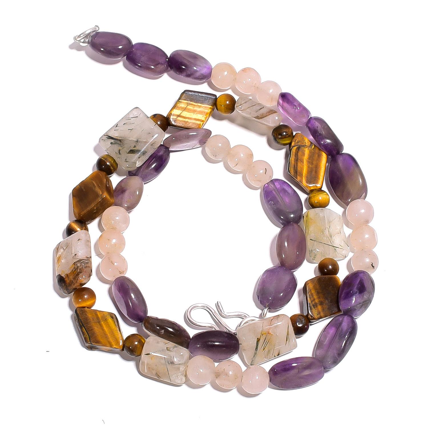 

Natural Amethyst Rutile Quartz Tiger Eye Gemstone Beads Necklace 17 UB-4006 UB-4006