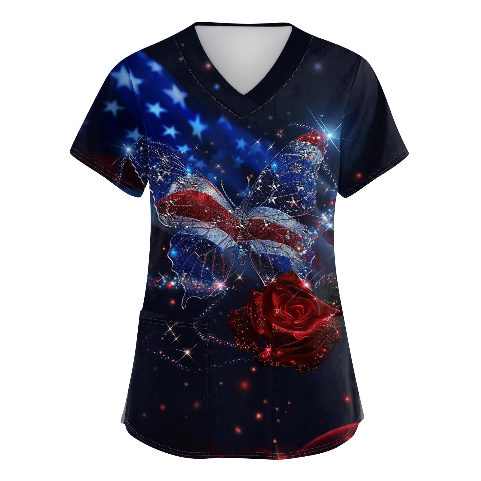 

Women s V-neck Independence Day print short-sleeved pocket side-opening protective work shirt L темно-синий