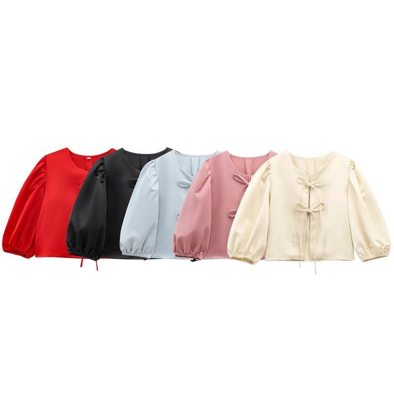 Kaslead New Arrival Women's Fashion Style Fashion Satin Puff Sleeves Bows Short Top