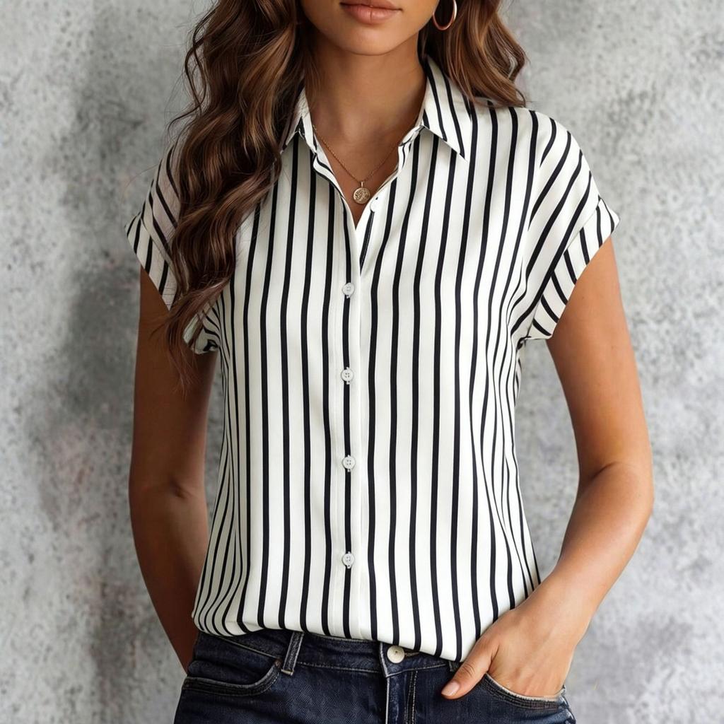 Womens Spring Tops Summer Shirts for Women Button Down Blouse Short Sleeve Striped Womens Summer Tops Dressy Casual