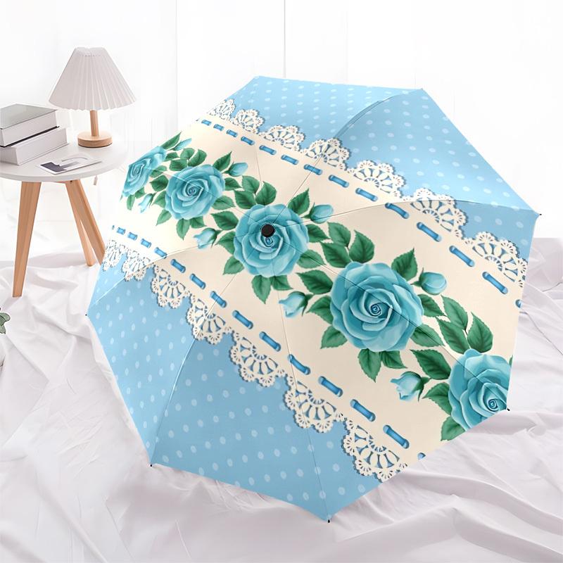 1pc Blue Roses Lace Automatic Cute Umbrella 8-Bone Design Compact Gear for Outdoor Travel, Perfect Holiday Gift Yy251230006