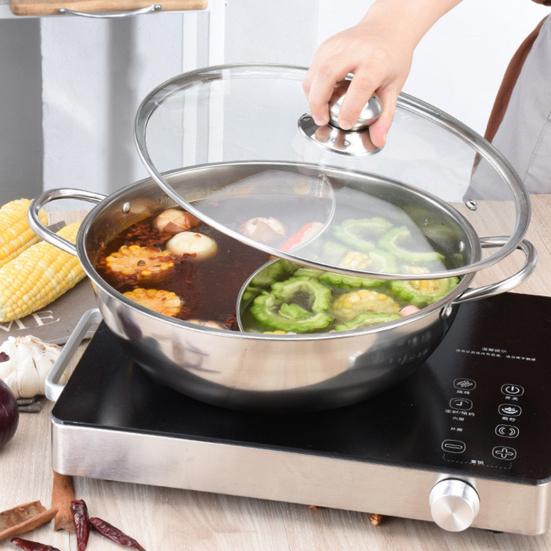 Double Flavor Hot Pot Stainless Steel Split Hot Pot with Anti-Scald Handles Chinese Induction Shabu Hot Pot for Kitchen Stove