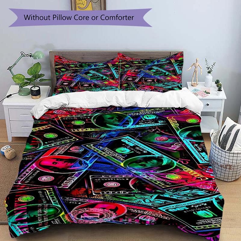 

3pcs Colorful Anime Dollar Bill Print Comforter Set with One Quilt Cover and Two Pillowcases - Home Decor, Festival Gift, Polyester Fabric, Cartoon De 135x200cm