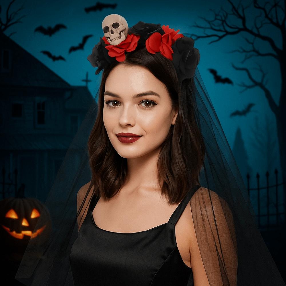 Lace Rose Skull Hair Band Black Cosplay Headdress Funny Halloween Headband  Prop
