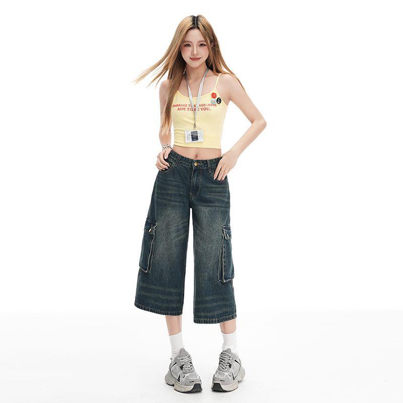 Trendy Vintage Pocket Cargo High Waist Loose Straight Wide Leg Cropped Capri Denim Shorts For Women Versatile Slimming FigureFlattering Casual Bottoms