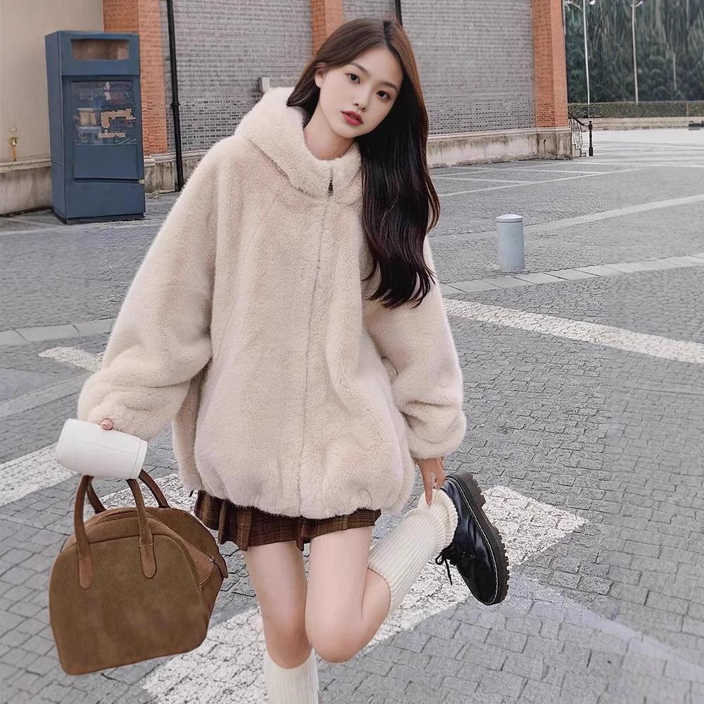 Plush Hooded Sweatshirt Jacket Women Autumn Winter Korean Style Loose Fleece Lined Thick Top
