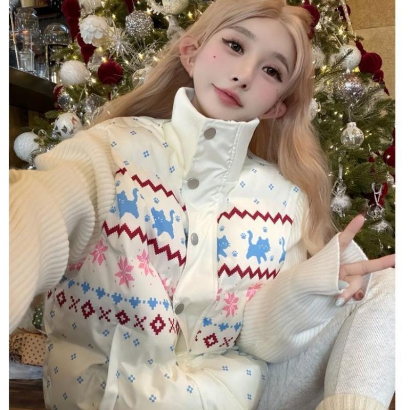 Women Korean Thick Warm Winter Cotton Coat Off-Season Fair Isle Knit Splice Stand Collar Loose Outerwear