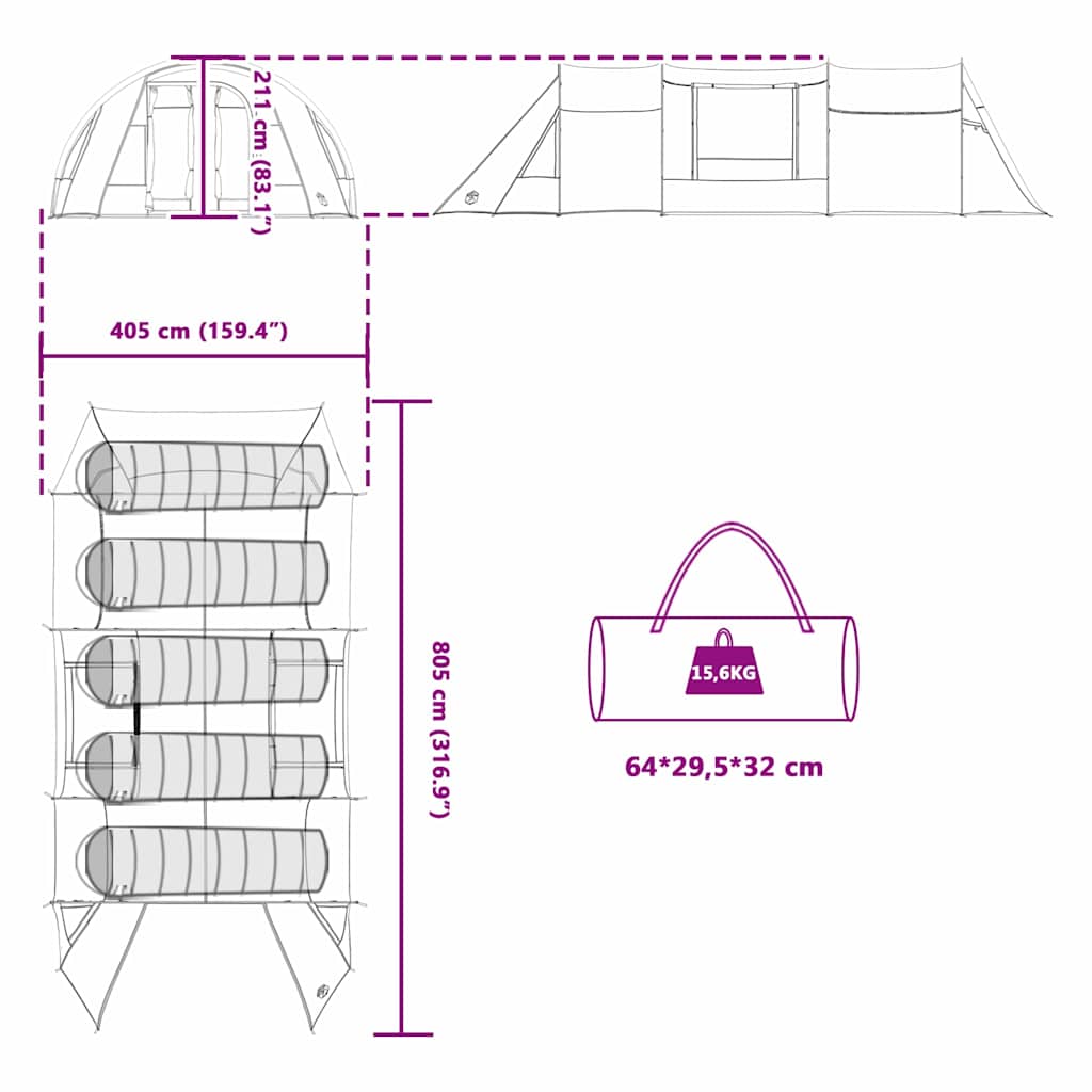 5 Person Tunnel Tent in Grey and Orange 805 x 405 x 211 cm