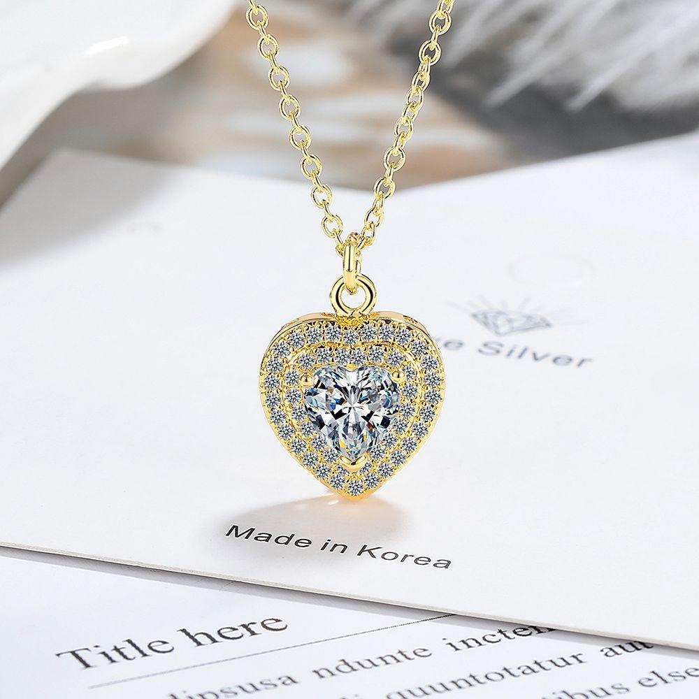 

Luxury Female Collares Sterling Silver Heart Shaped Full Zircon Pendant Necklace for Women Wedding Clavicle Chain золотий