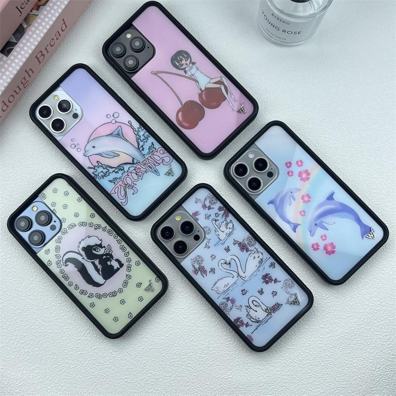 Wildflower ins cute animal phone case for iPhone16promax 15 Pro Max 16 14plus 13 12 17 cartoon Cherry Dolphin swan print bottom