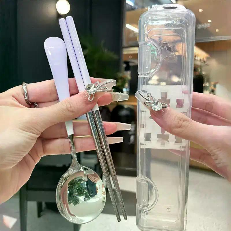 Stainless Steel Portable Cutlery Set Spoon Chopsticks Student Travel Korean Style Portable Cutlery Set With Box Kitchen Supply