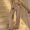 Women Casual Pants Elastic Waist Mid-rise Straight Wide Leg Long Trousers Shiny Sequins Commuter Style