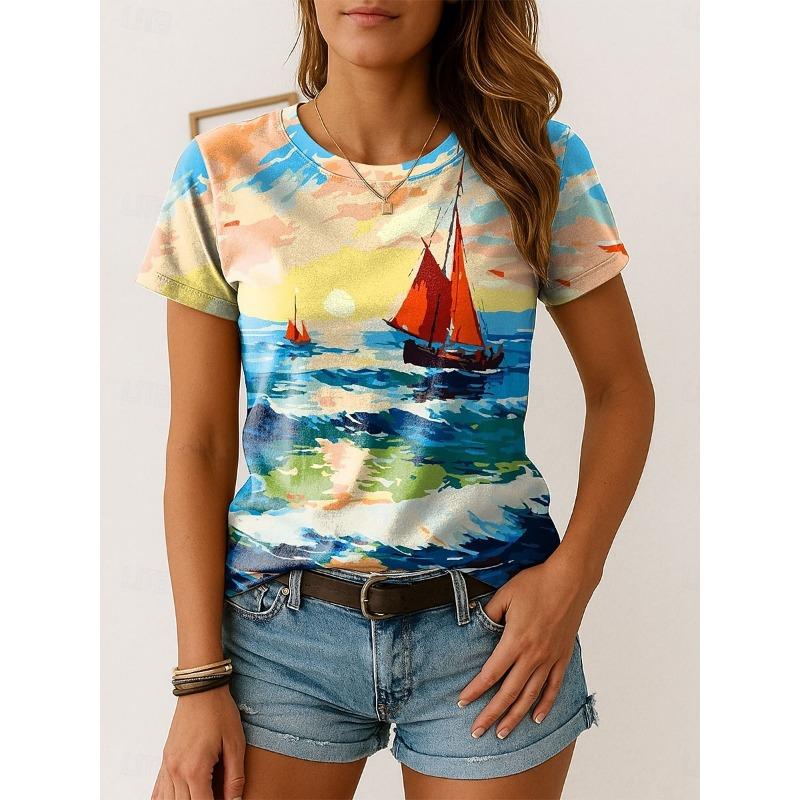

Women s T Shirt Print Ombre Graphic Vintage Stylish Classic Short Sleeve Crew Neck Regular Tops S