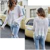 BITCED Women's Oversized Cropped V-Neck Sweater Women's Knit Sweater with Fringe for Fall/Winter