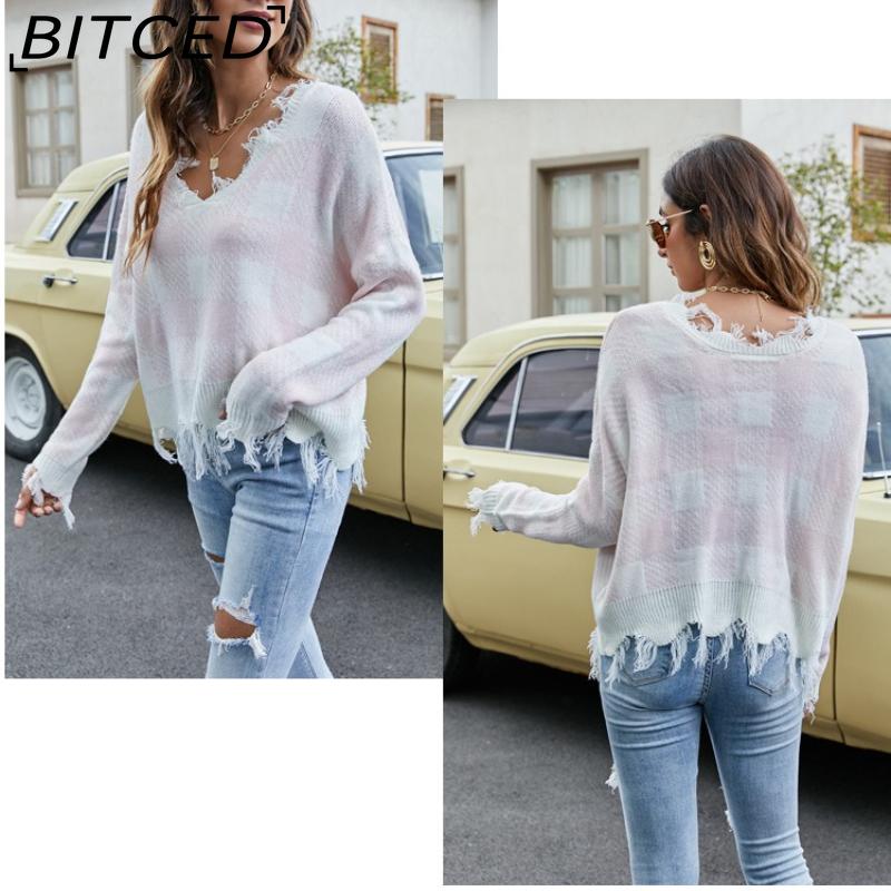 BITCED Women's Oversized Cropped V-Neck Sweater Women's Knit Sweater with Fringe for Fall/Winter