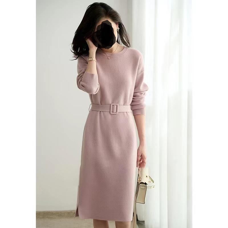 

Французское вязаное платье для женщин однотонное повседневное платье-свитер женский осенне-зимний свитер средней длины L розовый
