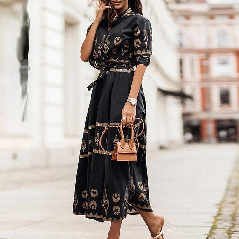 

HI-FASHION Ретро платье-рубашка женское повседневное свободное платье макси с коротким рукавом элегантное длинное пляжное платье с высокой талией и поясом на пуговицах