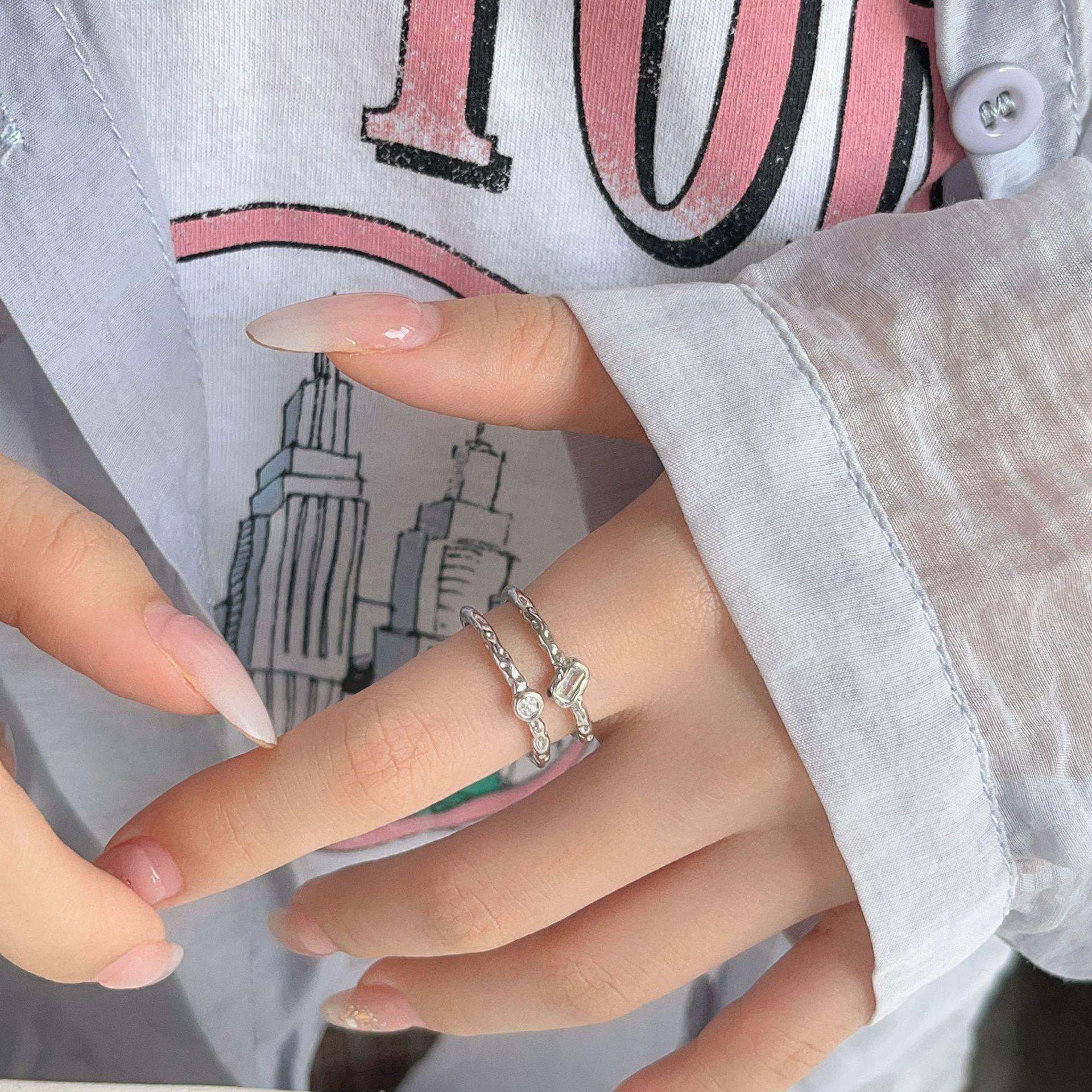 Hammered Double-Layer Zirconium Diamond Ring, Offset Round & Square Design, Luxury Style, Stackable for Everyday Wear. Adjustable Open