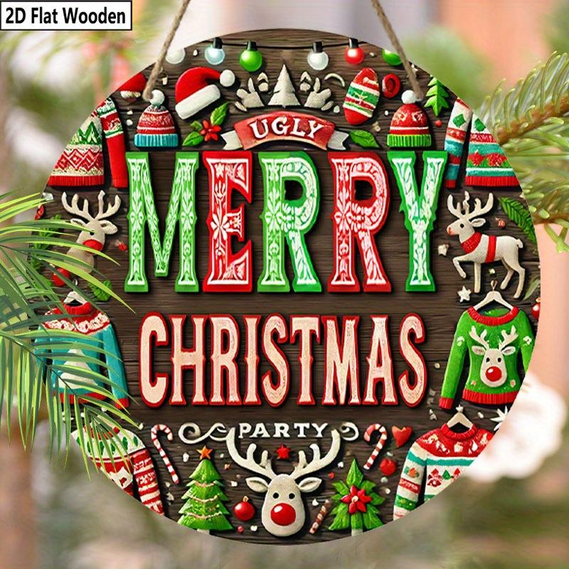 2D Flat 1pc Winter Merry Christmas Sweater Logo Wooden Sign Decoration, Front Door Embossed Effect Wall Decoration, Suitable for Home Office, Garden