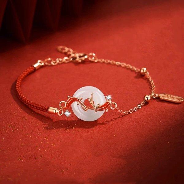 Glückskarpfen Reines Rotes Seil Armband für Damen Herren Chinesischer Stil Zinnober Handgemacht Verstellbar Geflochtenes Armband Amulett Schmuck Geschenke