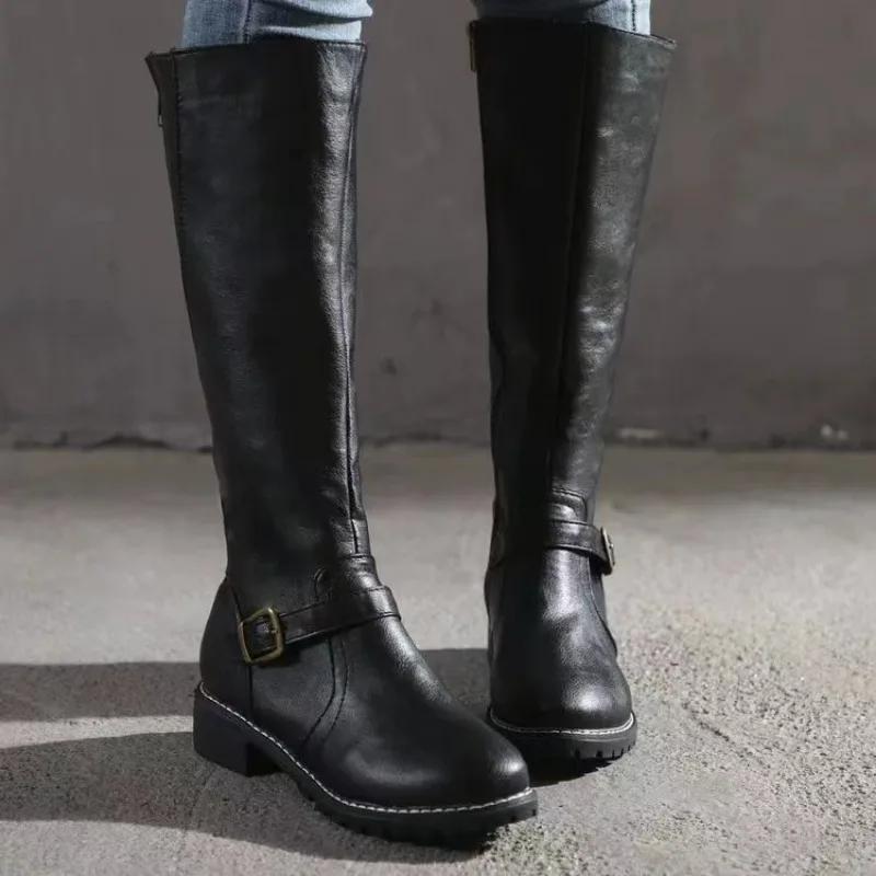 Fashion New Winter Women's Riding Boots 2024 Round Toe Chunky Heel Over-the-Knee High Boots Women's Buckle Platform Shoes Botas Mujer