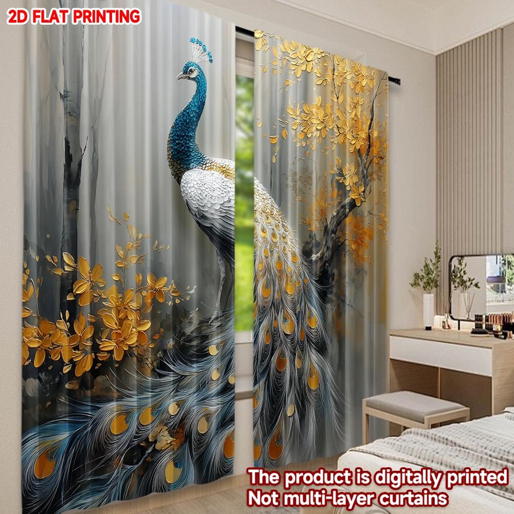 Set Of 2 Peacock Floral Curtains Flat Digital Printing Blue Gold White Feathers Blooming Tree Bedroom Decor Curtain Polyester Ideal For Sleeping Area